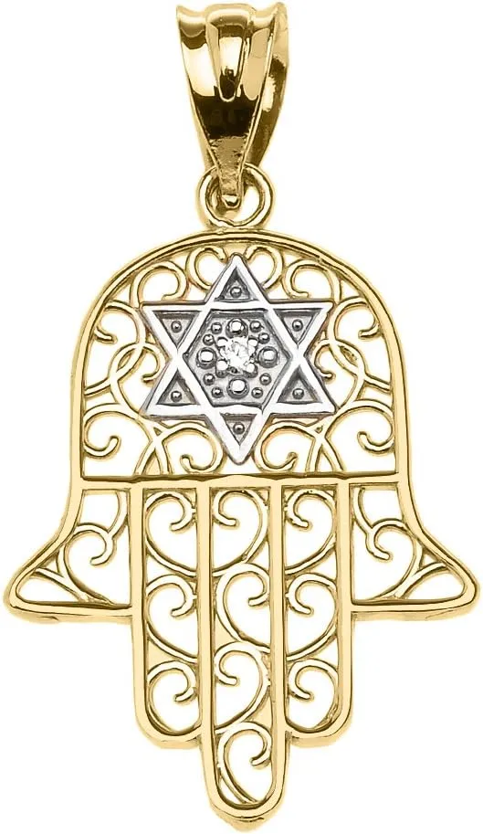 14k Yellow Gold Hamsa Hand With Star of David Diamond centered Pendant Necklace