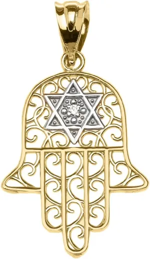 14k Yellow Gold Hamsa Hand With Star of David Diamond centered Pendant Necklace