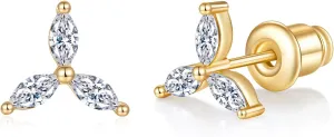 14K/18K Gold Plated Cubic Zirconia 3-Leaf Flower Cartilage Earring | Sterling Silver Posts Stud for Tragus, Conch, Helix Piercings | Perfect for Women & Teens | 7.6mm x 8.5 mm