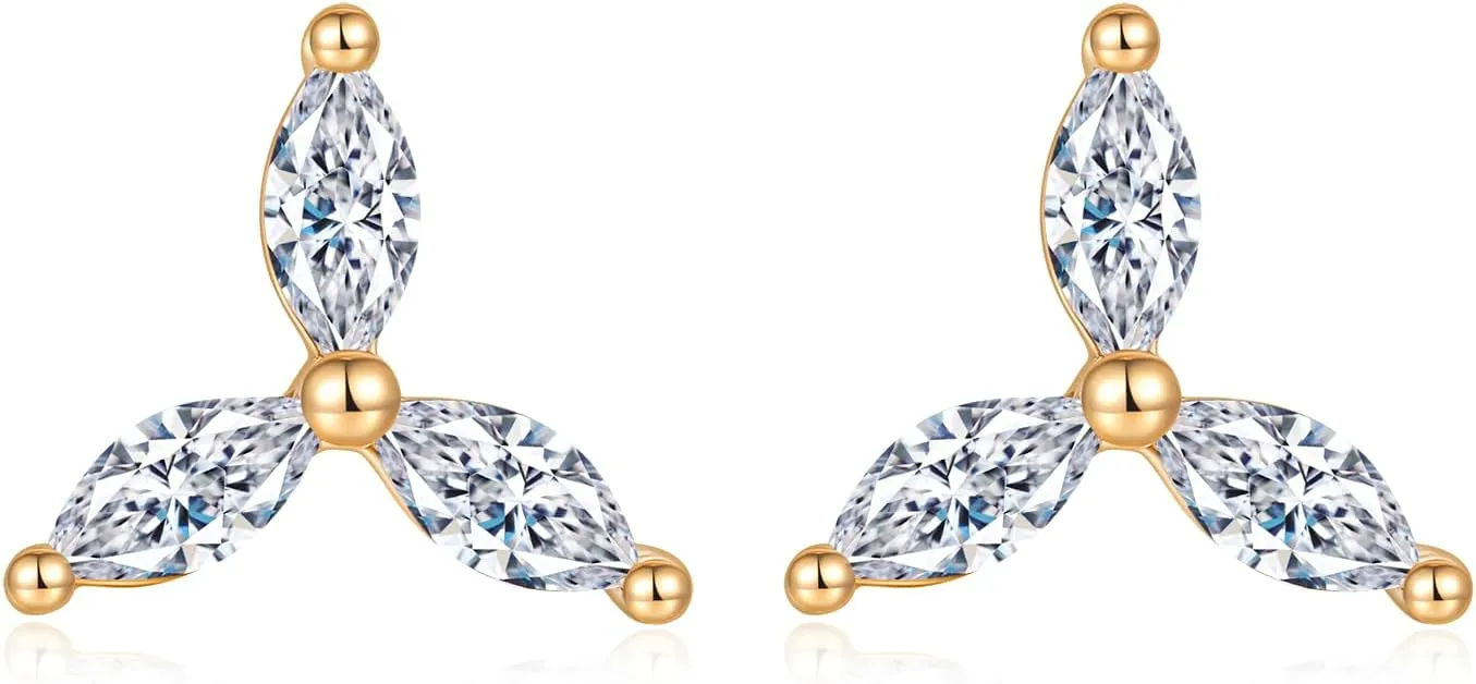 14K/18K Gold Plated Cubic Zirconia 3-Leaf Flower Cartilage Earring | Sterling Silver Posts Stud for Tragus, Conch, Helix Piercings | Perfect for Women & Teens | 7.6mm x 8.5 mm