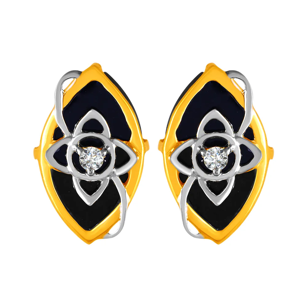 14KT (585) Yellow Gold & Diamond Black Leaf Stud Earrings