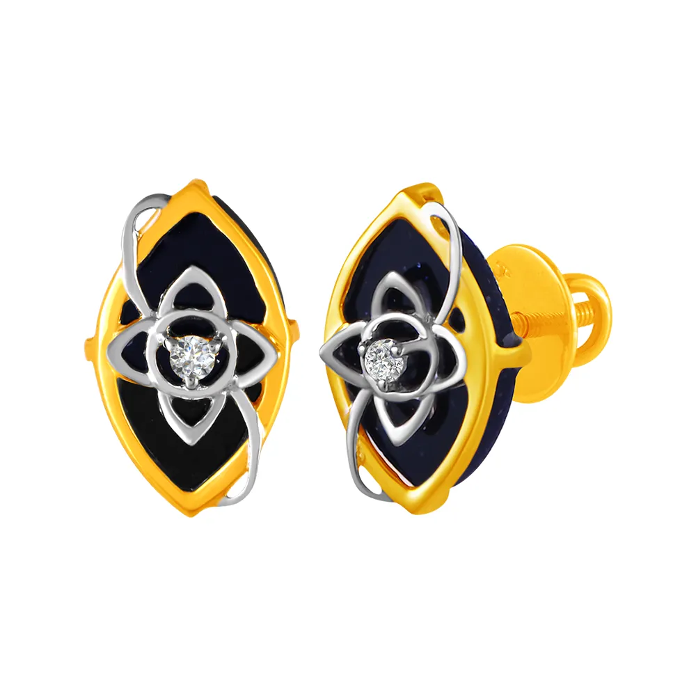 14KT (585) Yellow Gold & Diamond Black Leaf Stud Earrings