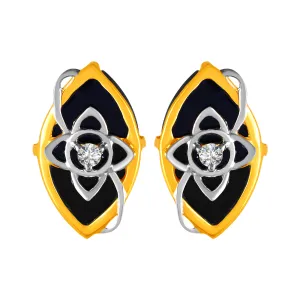 14KT (585) Yellow Gold & Diamond Black Leaf Stud Earrings