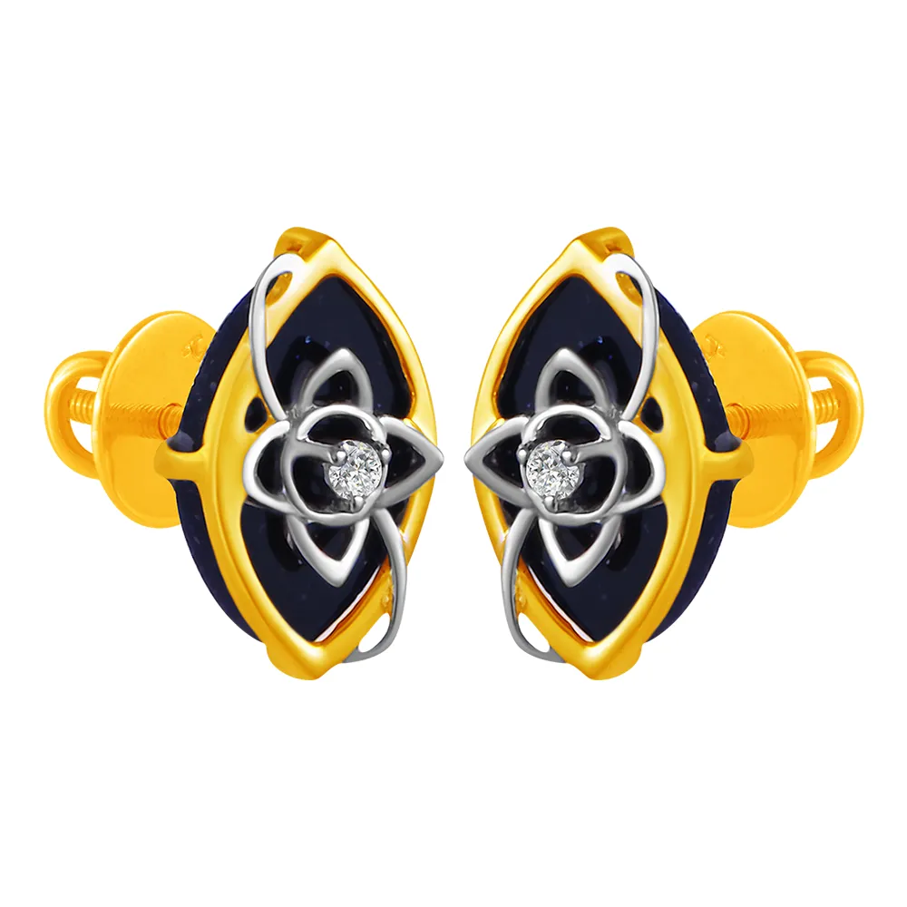 14KT (585) Yellow Gold & Diamond Black Leaf Stud Earrings