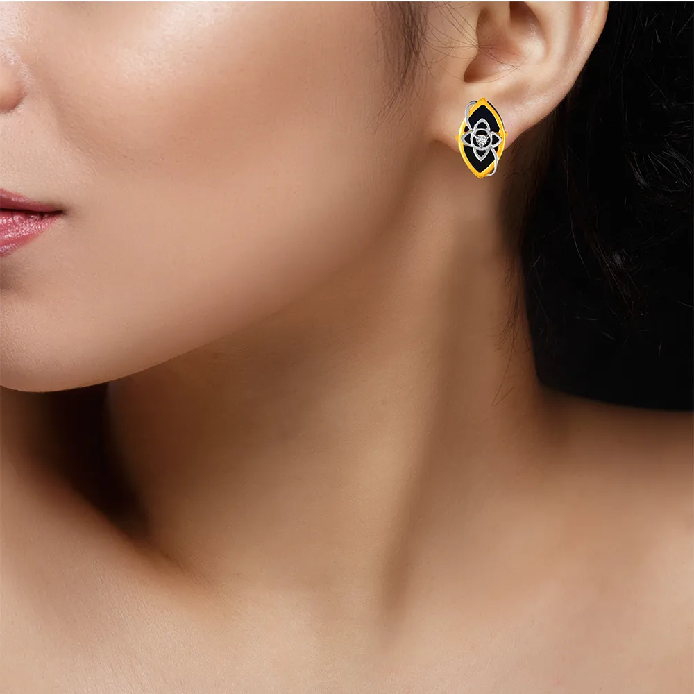14KT (585) Yellow Gold & Diamond Black Leaf Stud Earrings