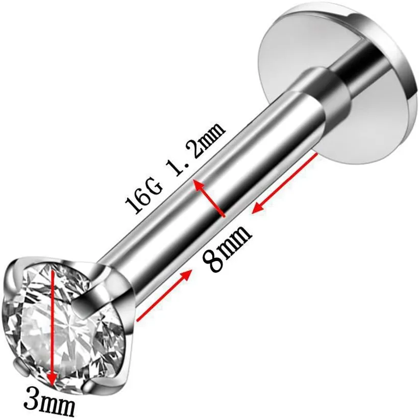 16G Clear Diamond CZ Mix-Color Lip Rings Labret Monroe Nose Tragus Helix Ear Piercing Jewelry Surgical Stainless Steel 2mm 3mm CZ 4-8 Pcs 8mm Bar