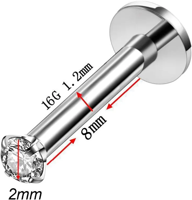 16G Clear Diamond CZ Mix-Color Lip Rings Labret Monroe Nose Tragus Helix Ear Piercing Jewelry Surgical Stainless Steel 2mm 3mm CZ 4-8 Pcs 8mm Bar