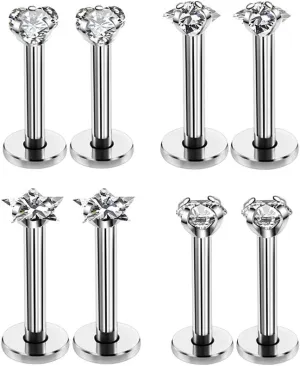 16G Love/Star/Square/Round Shape Clear CZ Labret Monroe Lip Ring Tragus Nail Helix Earring Stud Piercing Jewelry Surgical Stainless Steel Bar 8mm CZ 3mm 4 Pairs
