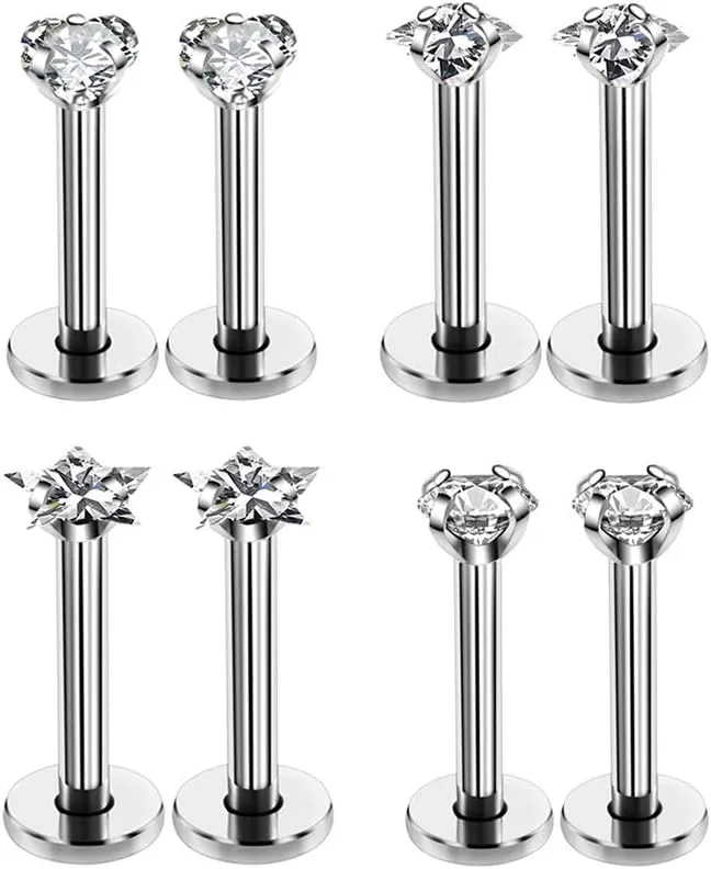 16G Love/Star/Square/Round Shape Clear CZ Labret Monroe Lip Ring Tragus Nail Helix Earring Stud Piercing Jewelry Surgical Stainless Steel Bar 8mm CZ 3mm 4 Pairs