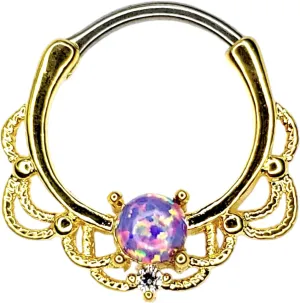 16G SEPTUM CLICKER SYNTHETIC PURPLE OPAL Nose Ring Piercing Hanger Hoop gold color 9120