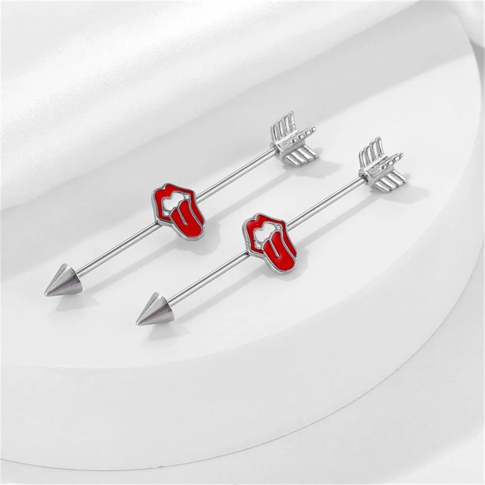 16G Sexy Red Lips Tongue Industrial Barbell Earrings for Women 316L Stainless Steel Arrow Cartilage Industrial Bar 34mm Short Cartilage Barbells Earrings Industrial Piercing Jewelry