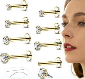 16G/18G Flat Back Earrings Studs Internal Thread Nose Stud CZ Nose Rings for Women Men Surgical Steel Lip Rings Labret Tragus Nostril Helix Cartilage Piercing Jewelry