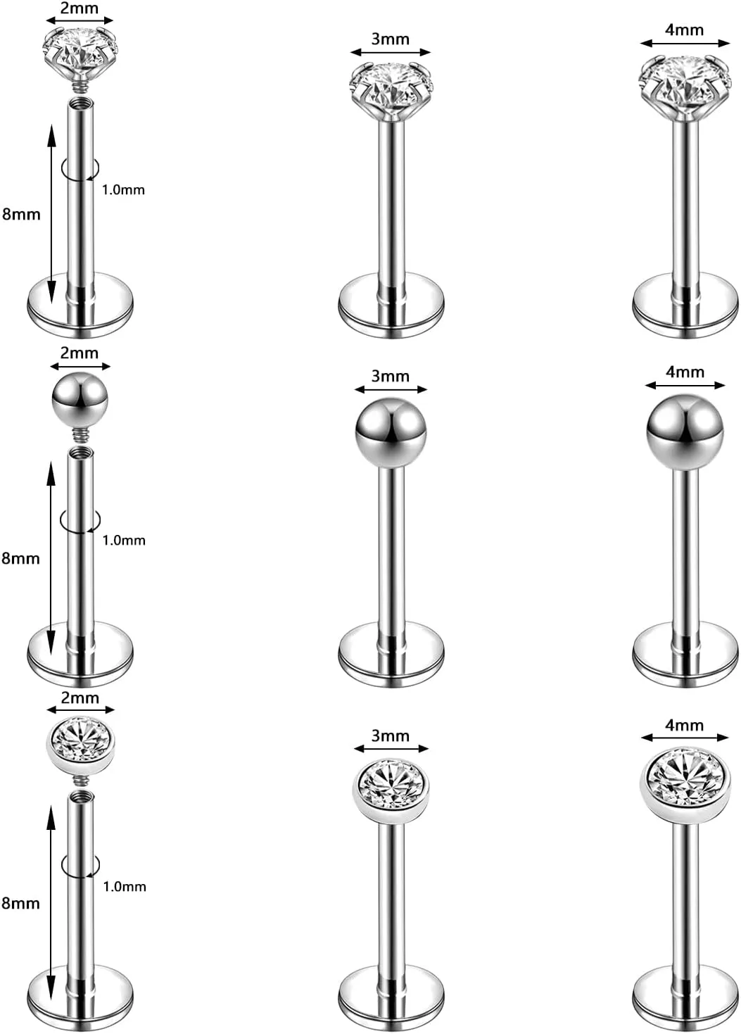 16g/18g Internal Thread CZ Stud Surgical Steel Piercing Jewelry for Tragus, Nose, Helix, Conch, Medusa, Lip, Labret - Cartilage Earring for Women Men 9pcs