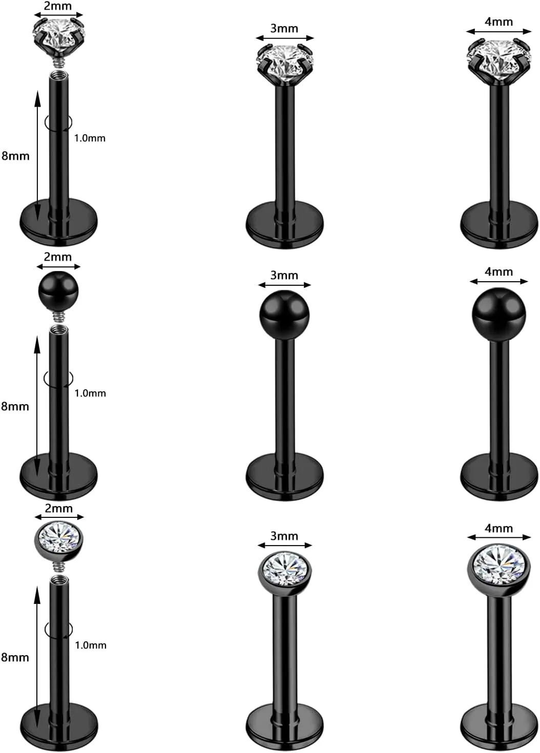 16g/18g Internal Thread CZ Stud Surgical Steel Piercing Jewelry for Tragus, Nose, Helix, Conch, Medusa, Lip, Labret - Cartilage Earring for Women Men 9pcs