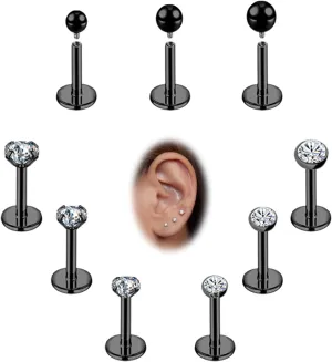 16g/18g Internal Thread CZ Stud Surgical Steel Piercing Jewelry for Tragus, Nose, Helix, Conch, Medusa, Lip, Labret - Cartilage Earring for Women Men 9pcs
