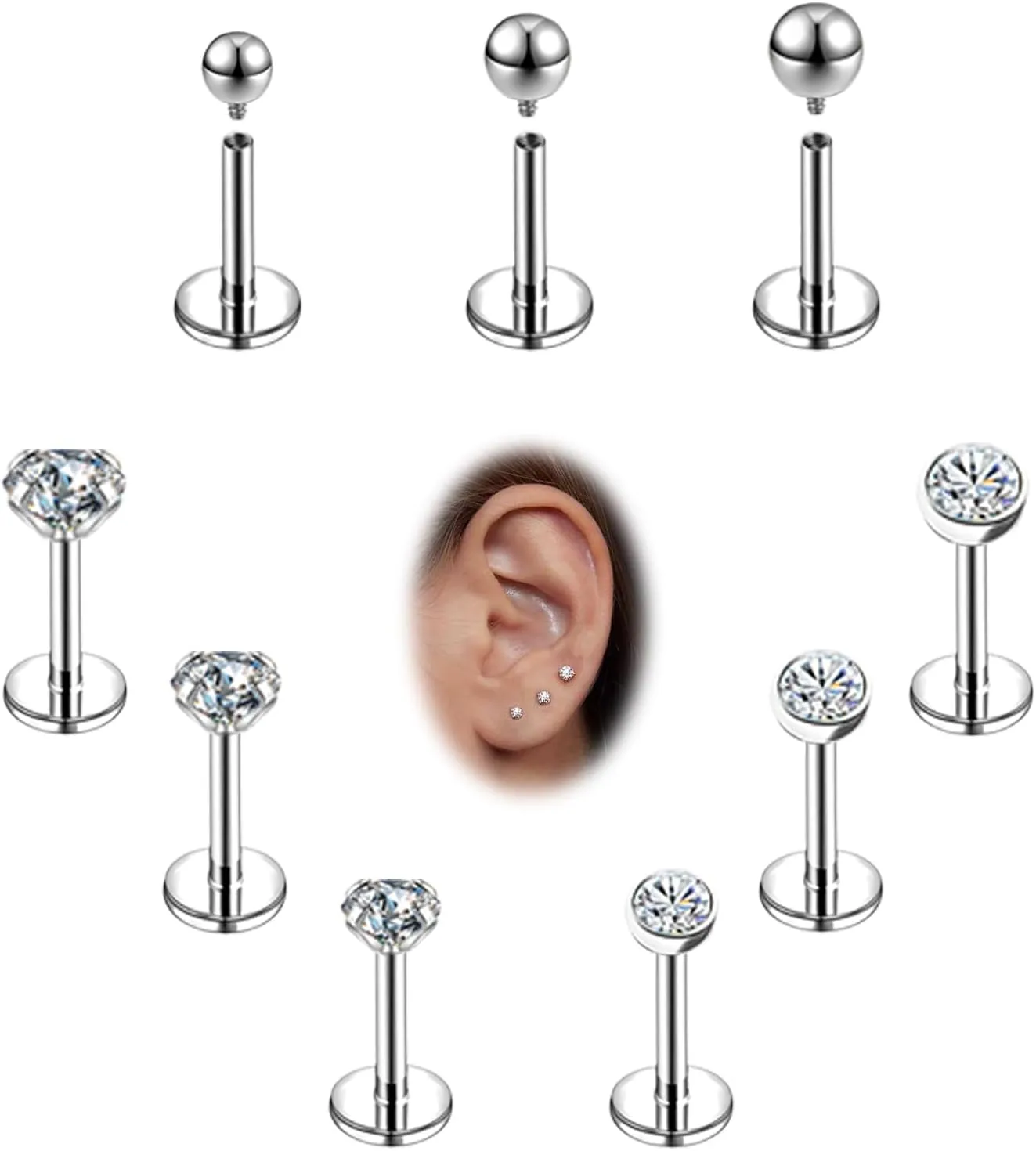 16g/18g Internal Thread CZ Stud Surgical Steel Piercing Jewelry for Tragus, Nose, Helix, Conch, Medusa, Lip, Labret - Cartilage Earring for Women Men 9pcs