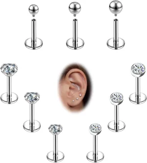 16g/18g Internal Thread CZ Stud Surgical Steel Piercing Jewelry for Tragus, Nose, Helix, Conch, Medusa, Lip, Labret - Cartilage Earring for Women Men 9pcs
