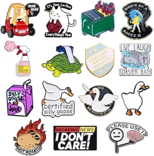 16PC Funny Enamel Pins Pin for Adults Hat Jacket Backpack Bags Button Lanyard Assorted Cool Cute Fun Lapel Meme Cartoon Novelty Funky Silly Goose Its Fine Sarcastic Pines Work Gifts Supplies