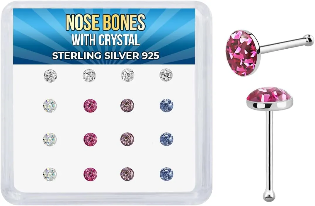16PCs .925 Sterling Silver 22G 6mm Nose Ring Bone Nose Studs 3mm Half Ball Resin Top Crystal Clear CZ Nose Bone Stud Pin Hypoallergenic Piercing Jewelry 1/4 Inch