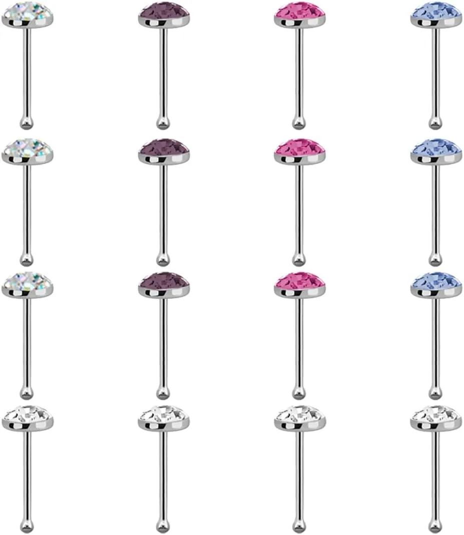 16PCs .925 Sterling Silver 22G 6mm Nose Ring Bone Nose Studs 3mm Half Ball Resin Top Crystal Clear CZ Nose Bone Stud Pin Hypoallergenic Piercing Jewelry 1/4 Inch