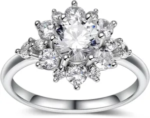 1.84 Carat Moissanite Flower Ring for Women, Solid 925 Sterling Silver, Size 4-11, Wedding Bands Engagement Promise Aniversary Ring, Birthday Valentines Mothers Day Ideal Gift for Her