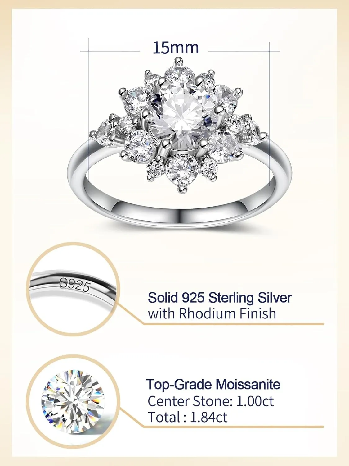 1.84 Carat Moissanite Flower Ring for Women, Solid 925 Sterling Silver, Size 4-11, Wedding Bands Engagement Promise Aniversary Ring, Birthday Valentines Mothers Day Ideal Gift for Her