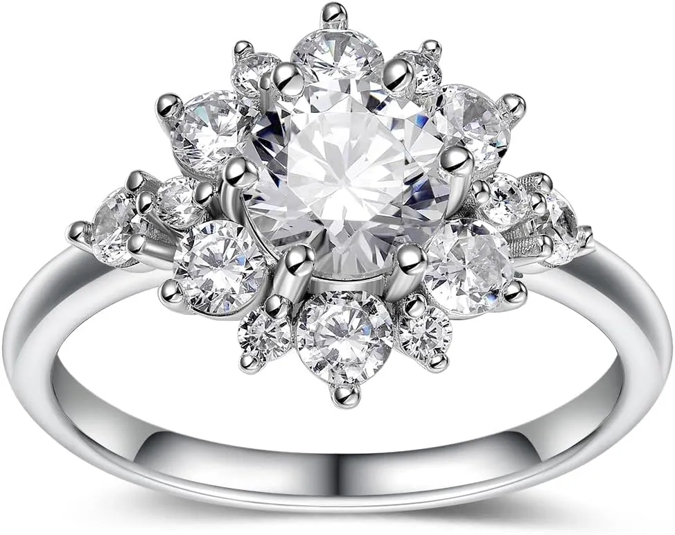 1.84 Carat Moissanite Flower Ring for Women, Solid 925 Sterling Silver, Size 4-11, Wedding Bands Engagement Promise Aniversary Ring, Birthday Valentines Mothers Day Ideal Gift for Her