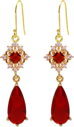 18K Gold Plated Artificial Ruby Red Teardrop Earrings for Women Dangle Vintage Jewelry Statement Chandelier Dangling Christmas Art Deco Crystal Unique Antique Hook Warrings for Women