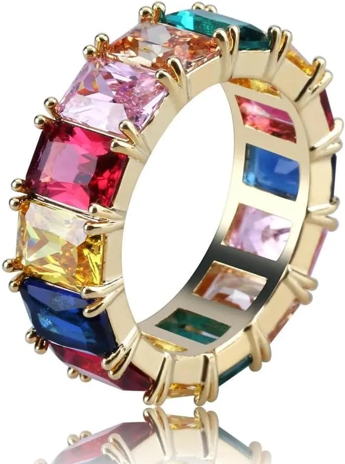 18K Gold Plated Eternity Rainbow Ring Band For Women with Multi-Color Emerald Cut Cubic Zirconia Gemstones Wedding Band Engagement Anniversary