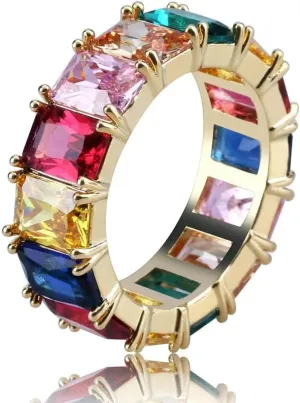 18K Gold Plated Eternity Rainbow Ring Band For Women with Multi-Color Emerald Cut Cubic Zirconia Gemstones Wedding Band Engagement Anniversary