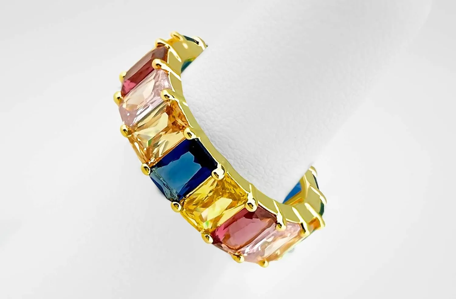 18K Gold Plated Eternity Rainbow Ring Band For Women with Multi-Color Emerald Cut Cubic Zirconia Gemstones Wedding Band Engagement Anniversary