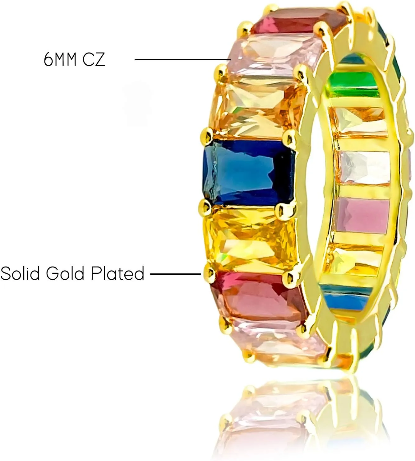 18K Gold Plated Eternity Rainbow Ring Band For Women with Multi-Color Emerald Cut Cubic Zirconia Gemstones Wedding Band Engagement Anniversary