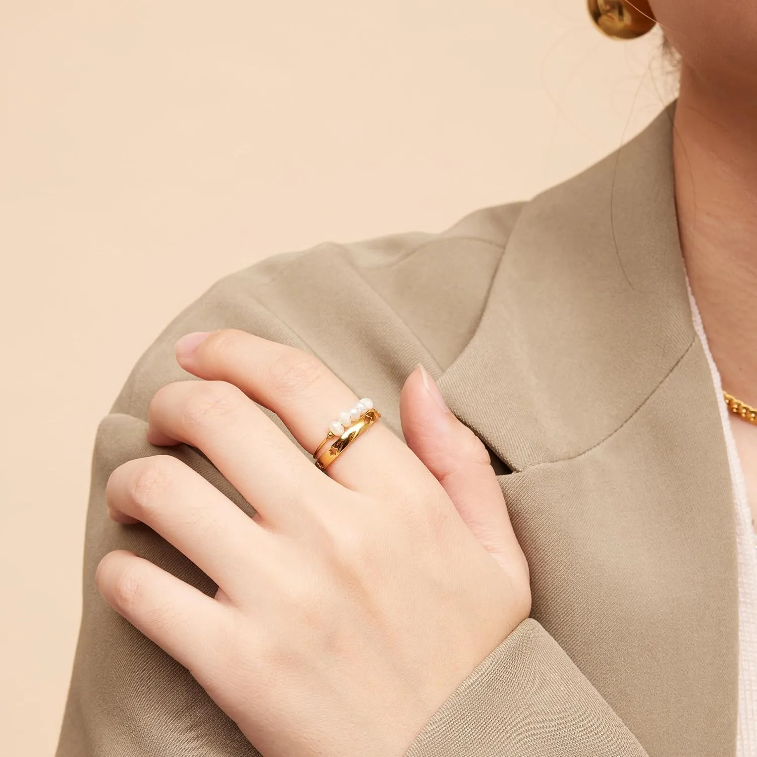 18K Gold Plated Mini Freshwater Pearl Band Ring, Gold Rings for Women, Stacking Rings, Gold Wedding Band Minimalist Style