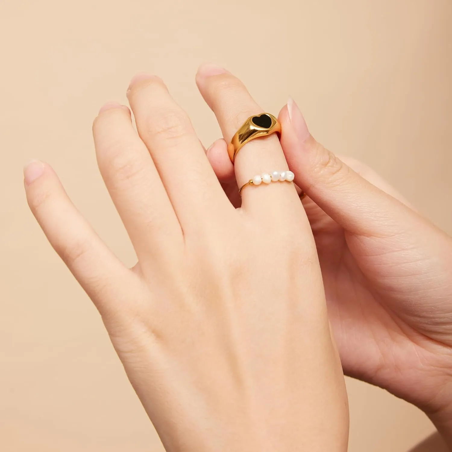 18K Gold Plated Mini Freshwater Pearl Band Ring, Gold Rings for Women, Stacking Rings, Gold Wedding Band Minimalist Style