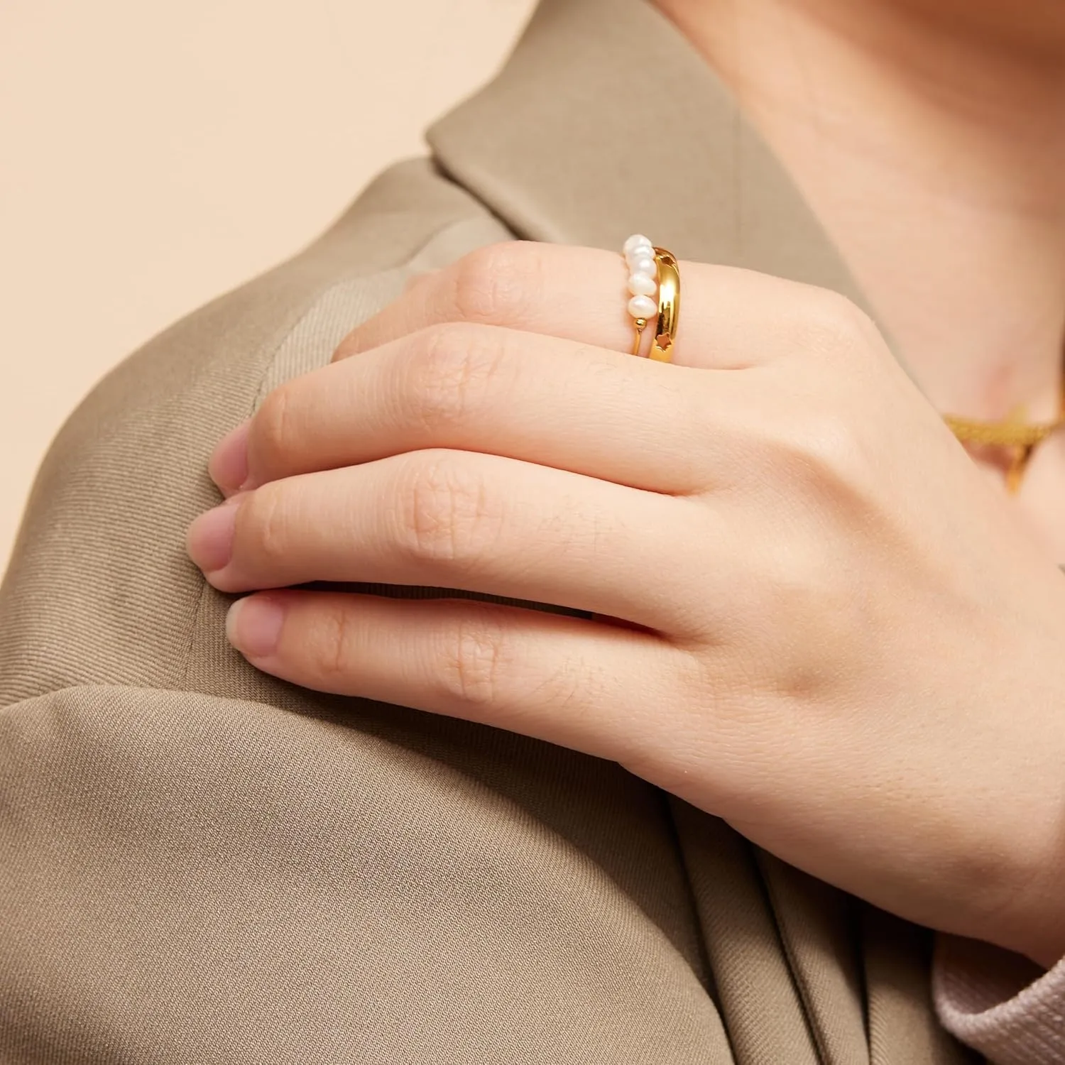 18K Gold Plated Mini Freshwater Pearl Band Ring, Gold Rings for Women, Stacking Rings, Gold Wedding Band Minimalist Style