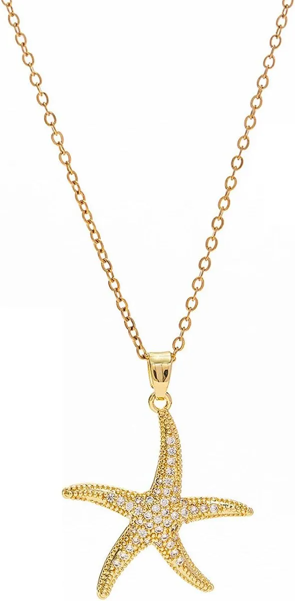 18K Gold Plated Starfish Necklace - Seashell Pendent Ocean Themed Necklace - Boho Summer Beach Jewelry