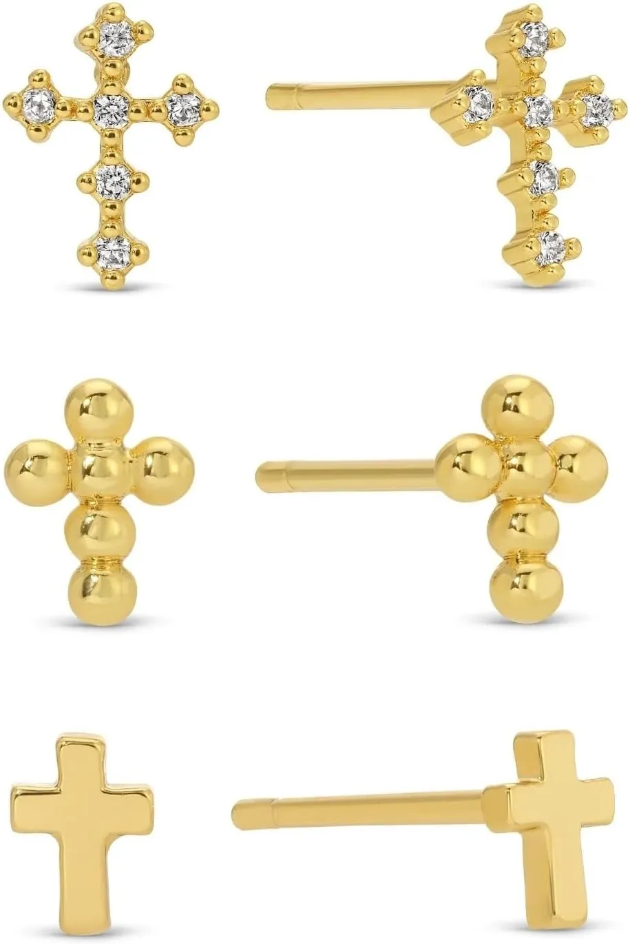 18k Gold Plated Stud Earrings Gift Set Multiple Style Crosses (3 Pair)