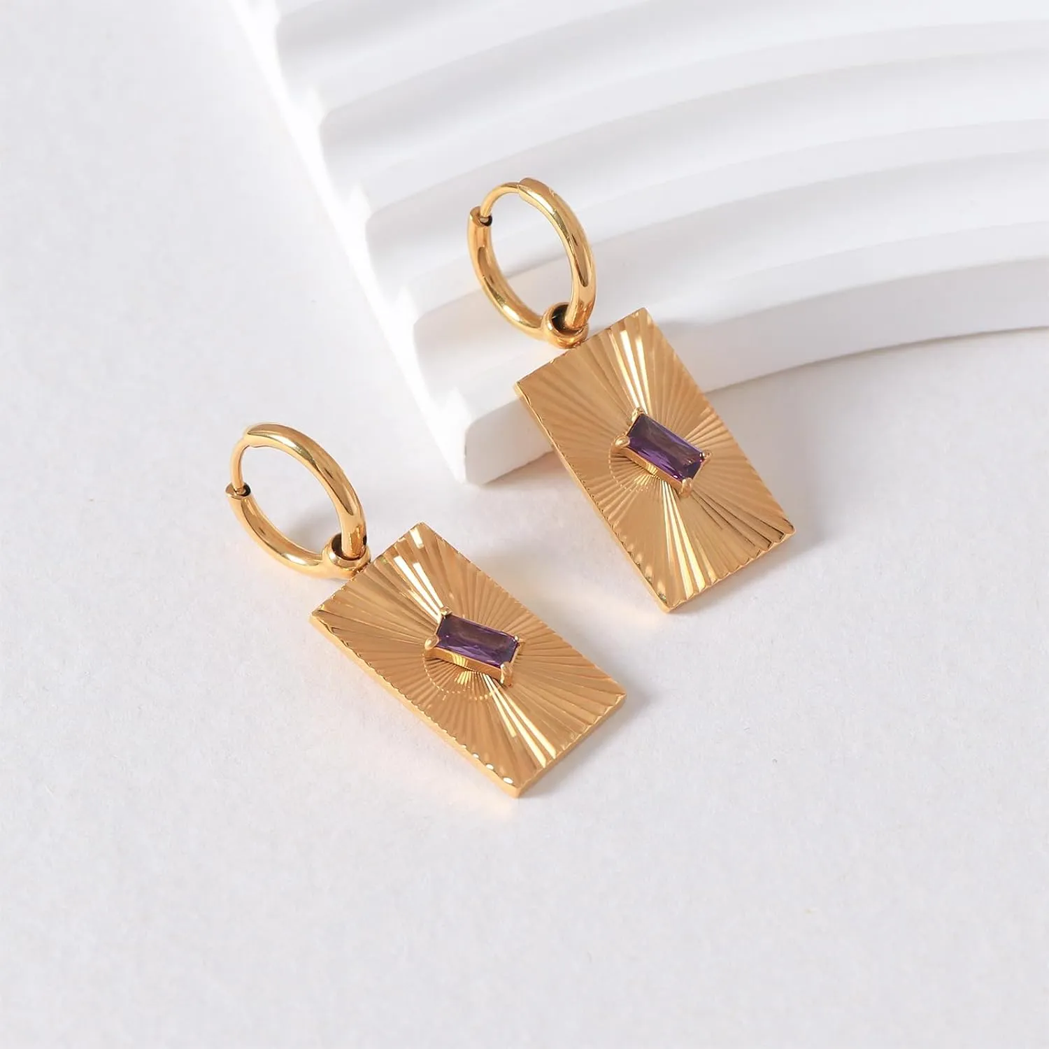 18k Real Gold Plated Geometric Dangle Earring for Women Summer Lightweight Rectangle Disc Emerald-cut CZ/Natural Shell Abalone Jewelry Gift for Wife Girlfriend Mother