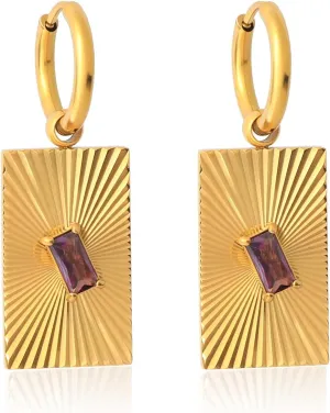 18k Real Gold Plated Geometric Dangle Earring for Women Summer Lightweight Rectangle Disc Emerald-cut CZ/Natural Shell Abalone Jewelry Gift for Wife Girlfriend Mother