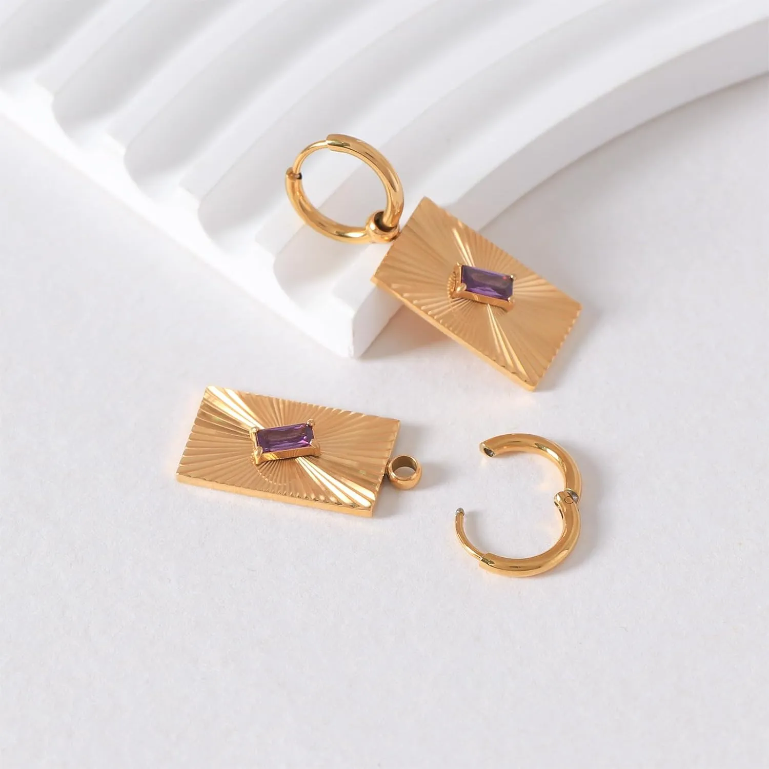 18k Real Gold Plated Geometric Dangle Earring for Women Summer Lightweight Rectangle Disc Emerald-cut CZ/Natural Shell Abalone Jewelry Gift for Wife Girlfriend Mother