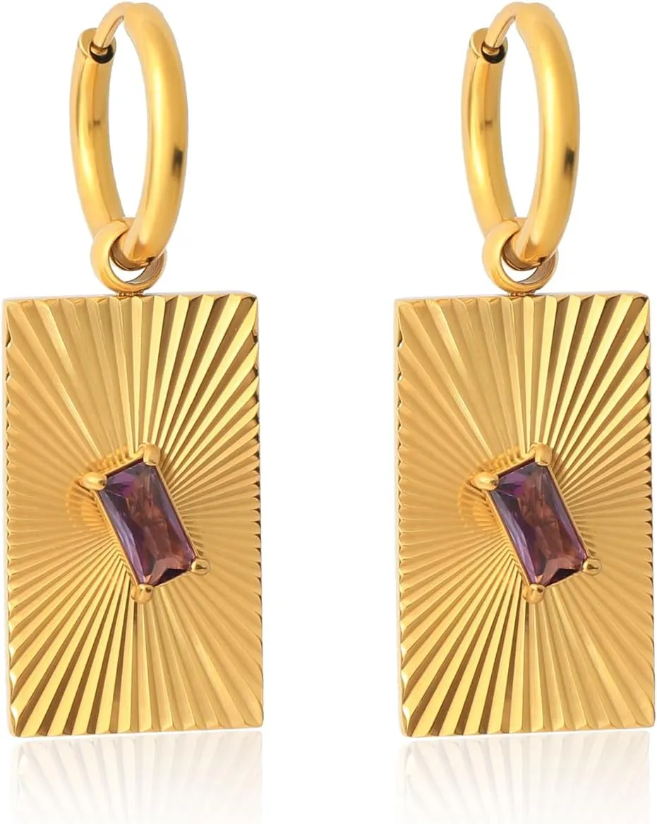 18k Real Gold Plated Geometric Dangle Earring for Women Summer Lightweight Rectangle Disc Emerald-cut CZ/Natural Shell Abalone Jewelry Gift for Wife Girlfriend Mother