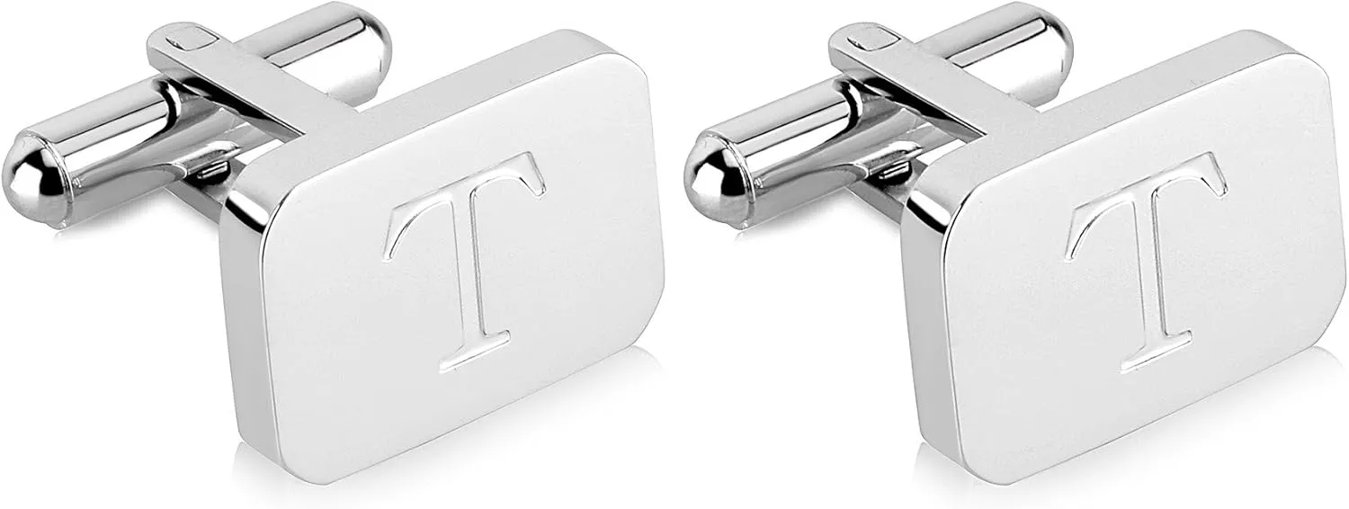 18K White-Gold Plated Initial Engraved Stainless Steel Mens Cufflinks With Gift Box -Personalized Alphabet Letters A-Z By Lux & Pair