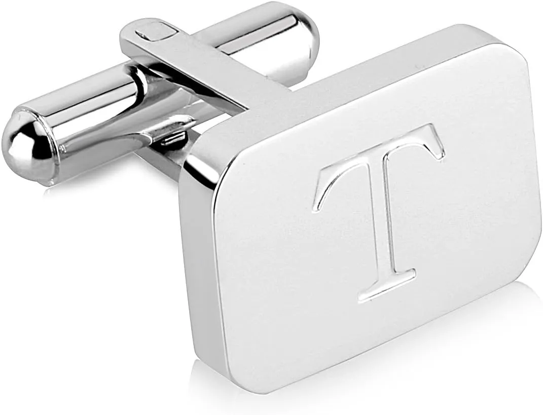18K White-Gold Plated Initial Engraved Stainless Steel Mens Cufflinks With Gift Box -Personalized Alphabet Letters A-Z By Lux & Pair