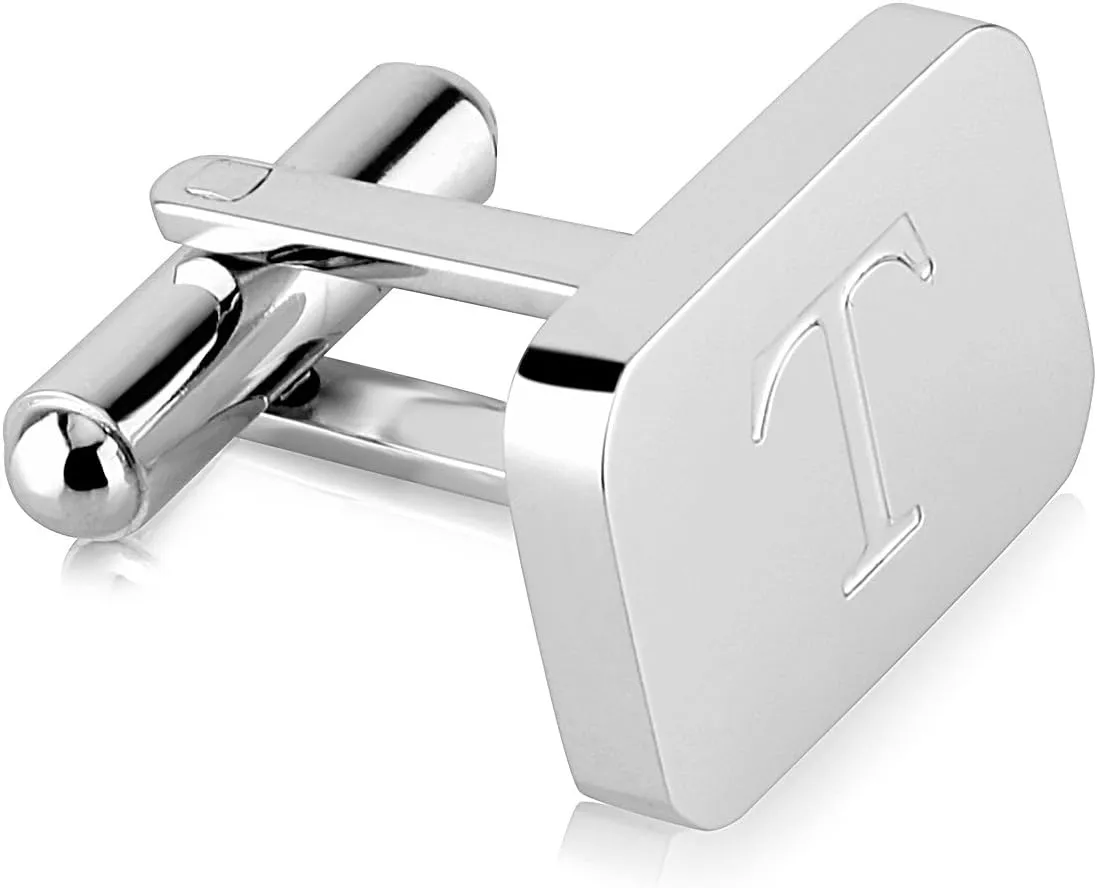 18K White-Gold Plated Initial Engraved Stainless Steel Mens Cufflinks With Gift Box -Personalized Alphabet Letters A-Z By Lux & Pair