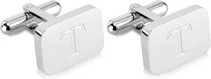 18K White-Gold Plated Initial Engraved Stainless Steel Mens Cufflinks With Gift Box -Personalized Alphabet Letters A-Z By Lux & Pair