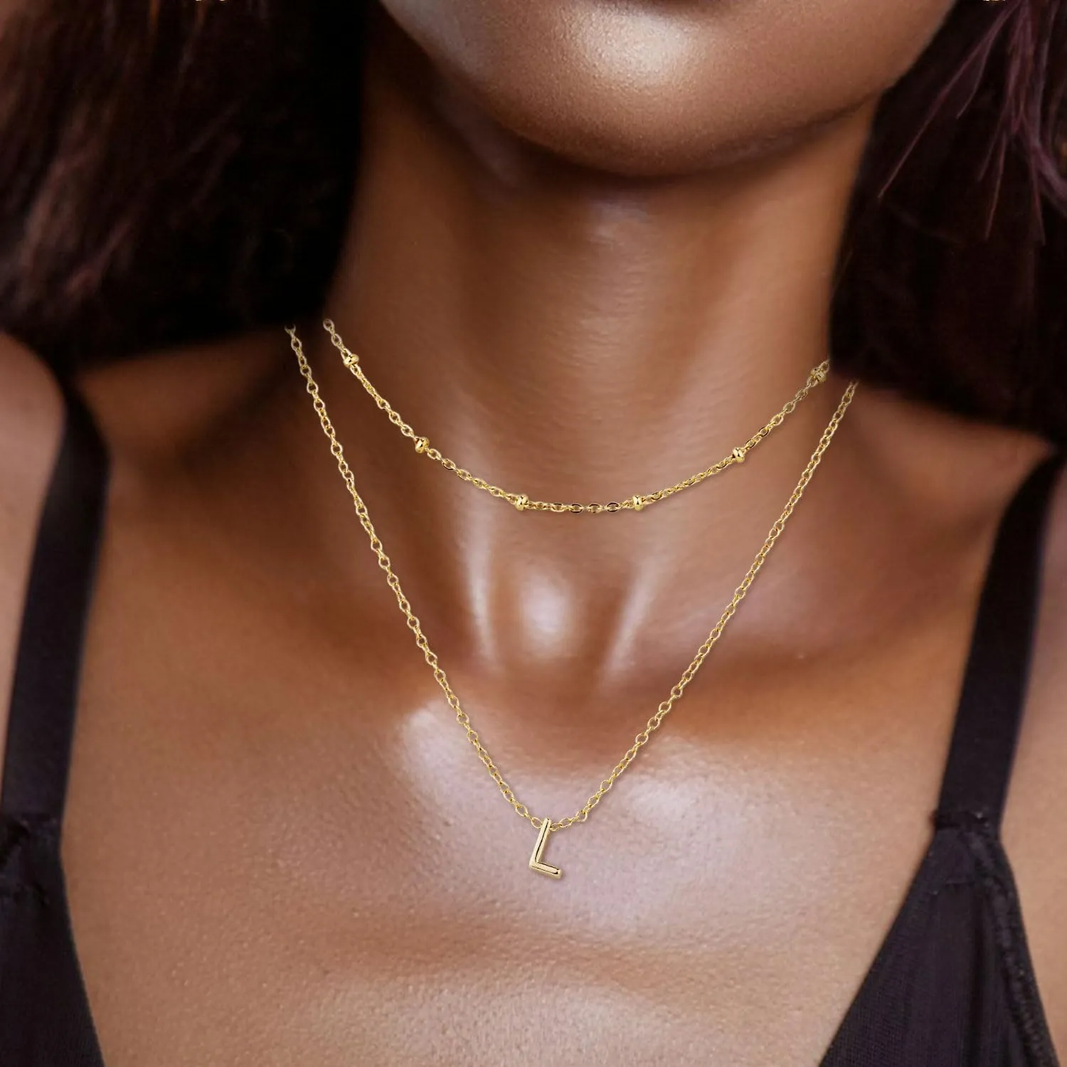 1pcs Initial Letter Necklace & 1pcs Short Chain, Fashion Gold-Plated Alphabet Necklace Layered Initial Necklaces Tiny Pendant Choker Necklace for Women Jewelry