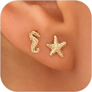 2 Pairs Small Sea Animal Earrings for Women  14K Gold Plated Stud Earrings Set, Dainty Ocean-Inspired Jewelry for Beach Summer