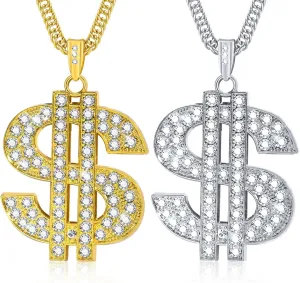 2 Pcs Cuban Link Gold Chain Necklace Set, 80s 90s Costume Jewelry With Big Fake Gold Chains, Dollar Sign Pendant, Hip Hop Rapper Costume Accessories for Men Women Halloween Party