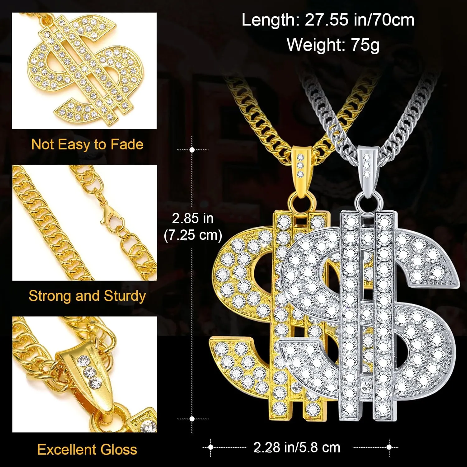 2 Pcs Cuban Link Gold Chain Necklace Set, 80s 90s Costume Jewelry With Big Fake Gold Chains, Dollar Sign Pendant, Hip Hop Rapper Costume Accessories for Men Women Halloween Party