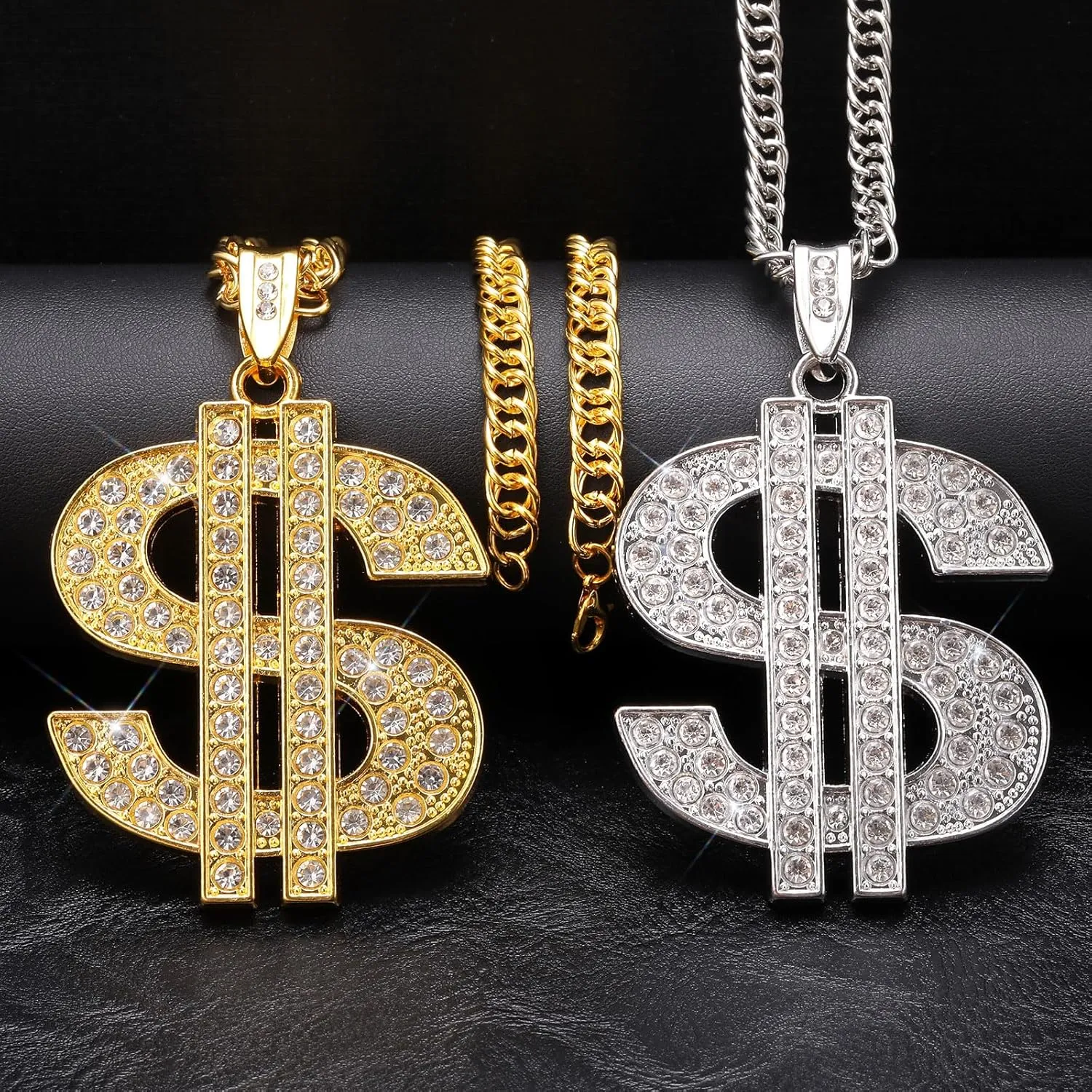 2 Pcs Cuban Link Gold Chain Necklace Set, 80s 90s Costume Jewelry With Big Fake Gold Chains, Dollar Sign Pendant, Hip Hop Rapper Costume Accessories for Men Women Halloween Party